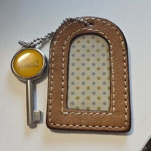 Fossil Tan Leather Keychain with Yellow and Silver Accents